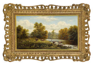 
	
		William Mellor, 
		British 1851-1931- 
		 
		Cattle watering in a wooded river...