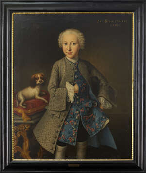 Johann-Philipp Behr, 
		German, fl. 1740-1756- 
		Portrait of Johannes Ziegler (1745-1809), standing three-quarter length wearing a grey coat over a floral e