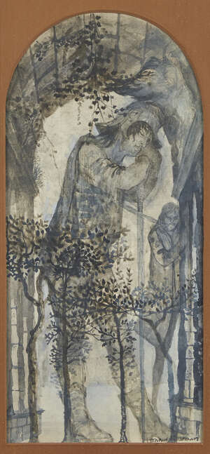 
	
		Leonard Rosoman OBE RA, 
		British 1913-2012- 
		Sleeping figures beneath a forest...
