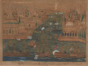 
	
		A stylised view of the Golden Horn, Ottoman Turkey, dated 1293AH/1876-77AD, gouache and...