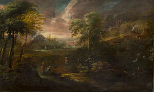 Follower of Jan Frans van Bloemen, called l'Orizzonte, 
		Flemish 1662-1749- 
		 
		Classical Landscape with figures in the foreground and a village to