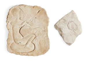 
	
		Two Egyptian style relief fragments, including a stucco relief with a princess seated on...