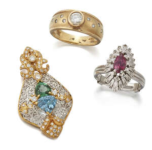 
	
		A group of jewellery, comprising, a brilliant-cut diamond single stone ring; a...