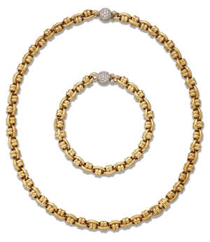 
	
		An Italian necklace and bracelet with diamond clasps, the necklace of fancy cable-link...