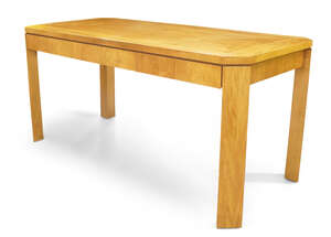 Baker Furniture Company,
A modern parquetry desk, with matching side table and an armchair,...