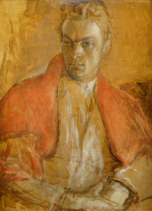 Modern British School,
		early-mid 20th century-
		 
		Portrait of a gentleman with a red drape over his shoulders;
		 
		gouache and wash on board, 47.