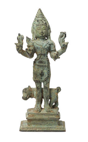 A bronze figure of Siva as Bhairava, Vijaynagara, 14th-15th century, on a tiered square base, depicted nude and with a dog behind, standing 13cm. high 
		 