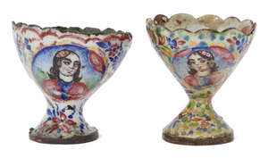 
	
		A pair of Qajar enamelled copper zarf, Iran 19th century, of typical form, decorated with...