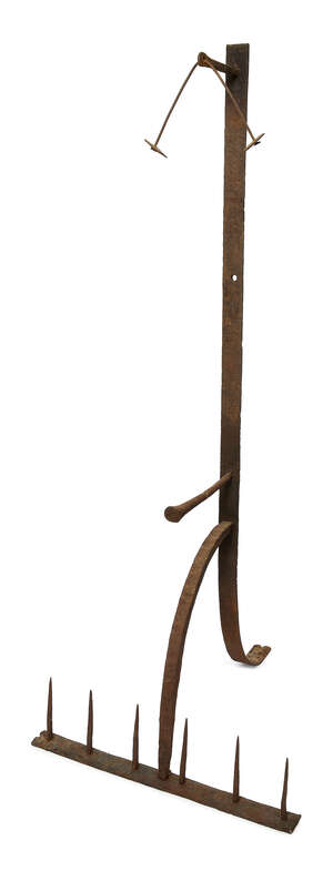 
	
		Bryan Illsley, 
		British b.1937-
		Untitled, six pronged rake;
		wrought iron, 146cm...