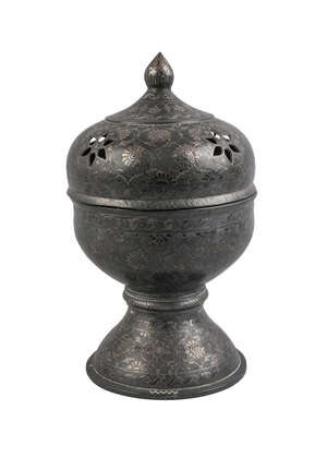 
	
		A bidri-ware lidded incense burner, Deccan, India, 18th/19th century, the lower section...