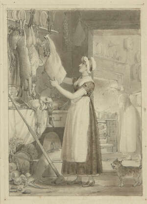 British School, 
		early 19th century- 
		 
		Servants in a pantry and scullery/game room; 
		 
		pen and grey ink and wash, 10.5x7.5cm 
		 
		Proven