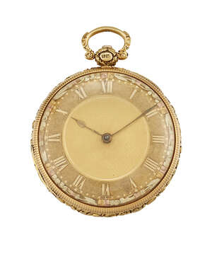 
	
		An early 19th century 18ct gold,  open face pocket watch, the gold engine-turned dial...