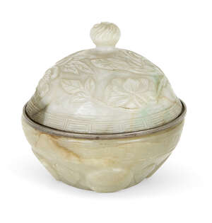 
	
		A Chinese celadon green jade bowl and associated cover, 19th century, the cover carved in...