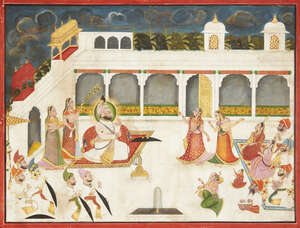 
	
		A large scene of a ruler smoking inside the palace with musicians, and attendants, Mewar,...