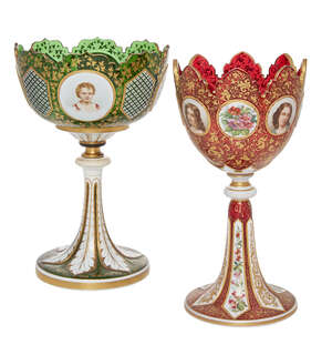 
	
		A Bohemian green and opaline glass vase, 19th century,  decorated with portrait panels of...