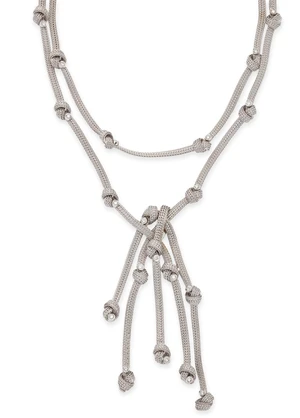 A diamond set bib necklace, the central section composed of mesh-link chain drops, each with...