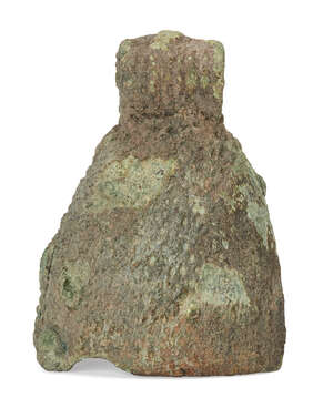 A Chinese bronze bell, Han dynasty, with broad loop, heavily encrusted, 6.5cm high
Provenance:...