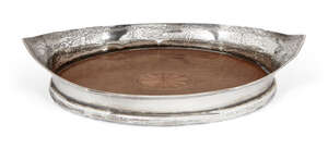 A small navette-shaped Edwardian silver gallery tray, Chester, c.1910, George Nathan & Ridley Hayes, the wooden base with satinwood marquetry inlay to bright-c