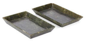 
	
		A pair of Chinese spinach jade rectangular dishes, late Qing dynasty, with flared...