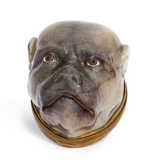 
	
		A Samson porcelain and gilt-metal bonbonniere, c.1870, modelled as a pug's head, the...