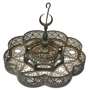 
	
		A large tiered openwork Mosque chandelier, possibly Turkey, 18th-19th Century, of lobed...
