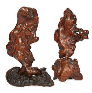 
	
		A pair of Chinese bamboo root carvings, late Qing dynasty, depicting Shoulao holding a...