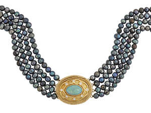 
	
		An opal, diamond and freshwater cultured pearl necklace, the central oval plaque set with...