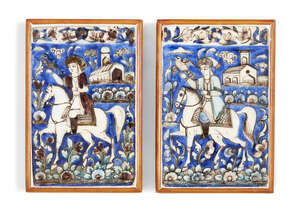 
	
		Two small Qajar moulded tiles, Isfahan, Iran, 19th century, underglaze painted in cobalt,...