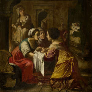 Jean Daret, 
		Flemish 1614-1668- 
		 
		The Birth of the Virgin, 1639; 
		 
		oil on canvas, signed and dated, 74.7x68.8cm
		 
		Provenance: Bonhams