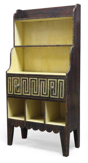
	
		A Regency style faux rosewood painted waterfall bookcase, 20th Century, with two open...