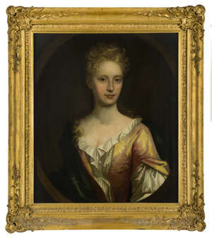 Follower of Sir Godfrey Kneller, 
		German/British 1646-1723- 
		 
		Portrait of a lady, half-length, turned to the right, wearing a yellow dress; 
		 
