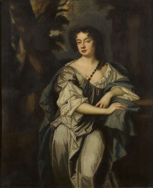 Studio of Sir Peter Lely, 
		 
		British 1618-1680- 
		 
		Portrait of Miss Elizabeth Lewis, standing three-quarter length, wearing a green cloak fixed b