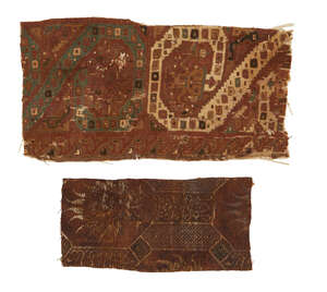 A Pre-Columbian Huari woven textile fragment, Peru, circa 600-1000AD, depicting a double-header serpent with a Shahman emerging from their jaws; and a fragment