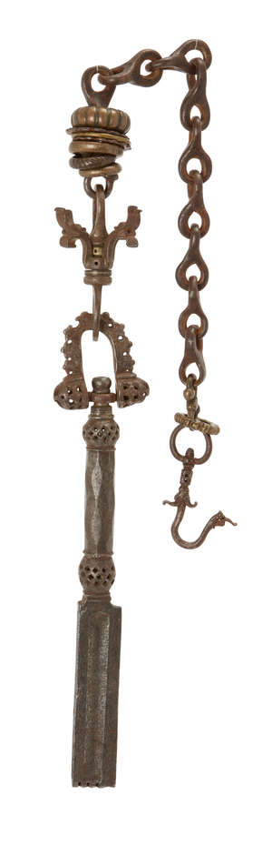 
	
		A butcher's sharpening tool and chain, Persia or Deccan, 17th/18th century, the chain...