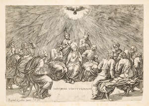 Gian Jacopo Caraglio, 
		Italian c.1500-1565- 
		Pentecost, after Raphael; 
		etching and engraving, 26x37cm (mounted, unframed)