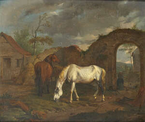 Circle of Philips Wouwerman, 
		Dutch 1619-1668- 
		Horses by a dwelling, an opening onto a Dutch landscape beyond; 
		oil on panel, bears old label attache