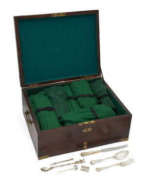 A boxed part-canteen of silver plated cutlery, together with a silver mustard spoon with bone...