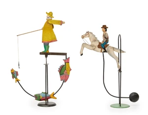 Two painted metal kinetic pendulum automatons, late 20th century, the first modelled as a...