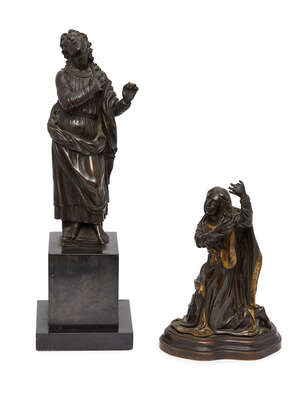
	
		Two Continental bronze models of Saints, 19th century, comprising a figure a female...