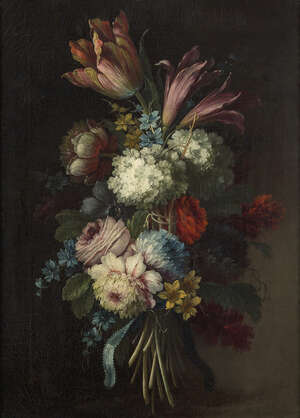 Circle of Mario Nuzzi called Mario de Fiori, 
		Italian 1603-1693- 
		 
		Still life of flowers tied with a blue ribbon;
		 
		oil on canvas, 47.2x35.2c