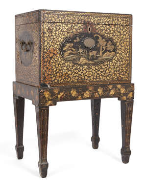 
	
		A Chinese lacquered chest on stand, 18th century, painted to each side with panels of...