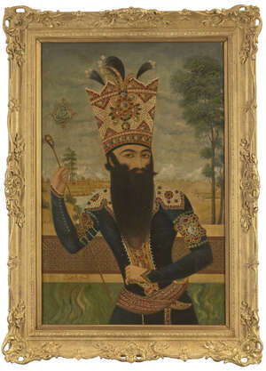 
	
		A portrait of Fath 'Ali Shah, Qajar Persia, early 19th century, oil on canvas, inscribed...