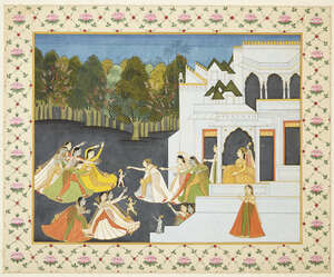 
	
		Women fleeing the palace, India, early 20th century, opaque pigments on paper heightened...