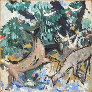 René Fontayne, French 1892-1952 - Biches et oiseaux blancs - composition décorative; oil on canvas, signed lower left 'René Fontayne', 99.8 x 99.7 cm (un