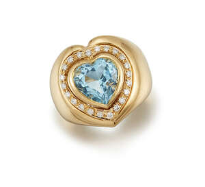 A blue topaz and diamond heart cluster ring, the heart shaped blue topaz with circular-cut diamond border to a heart shaped bezel, ring size K