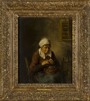 Dutch School, 
		early-mid 17th century- 
		 
		An old woman warming her hands over a pot of coals; 
		 
		oil on panel, 32x26.7cm 
		 
		Provenance: