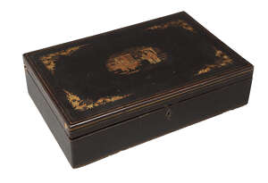 
	
		A Chinese export lacquer box, mid-19th century, decorated to the cover with figures in a...