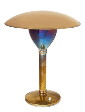 
	
		An Art Deco style table lamp, c. mid 20th century, unsigned, a large brass table lamp of...