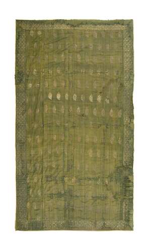 An early Mughal gilt metal thread embroidered silk panel, India, late 17th century, of rectangular form, embroidered in silver thread with a repeating design o