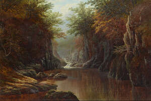 
	
		William Mellor, British 1851-1931- Fairy Glen, North Wales; oil on canvas laid down on...